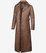 Back view of men’s full-length brown leather coat