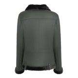 Close-up of Spanish Merino shearling lining and dark green leather texture