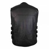 Side profile of black leather biker vest for men
