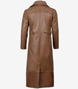 Side profile of men’s long brown leather duster coat