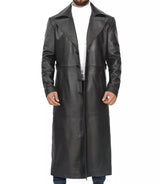 Back view of full-length black leather coat reaching the ankles