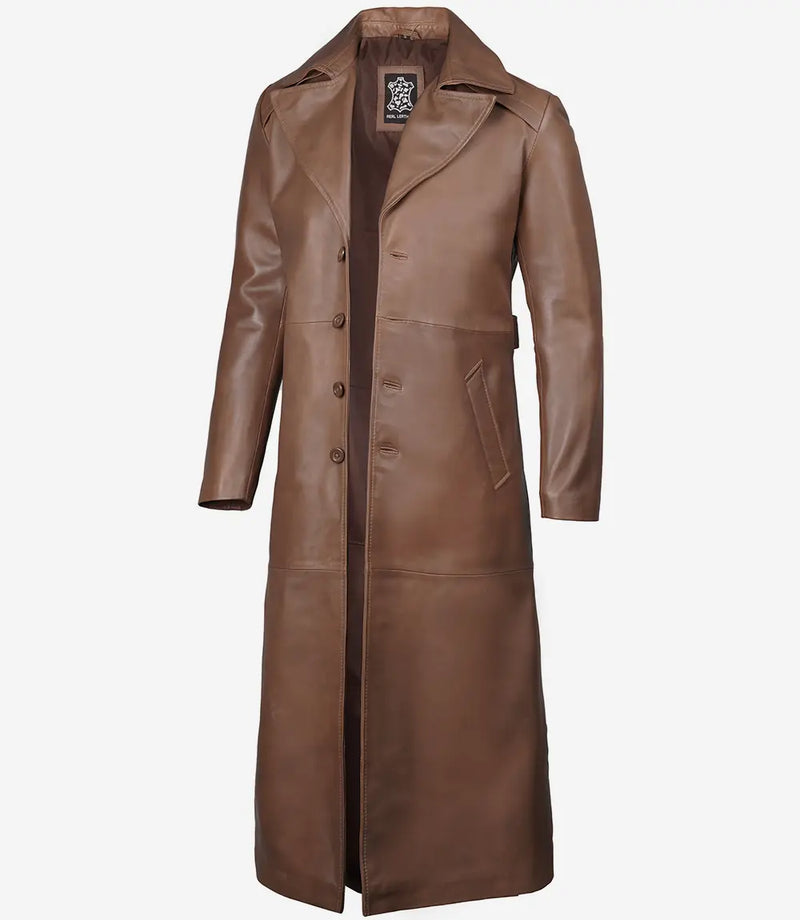 Back view of men’s full-length brown leather coat