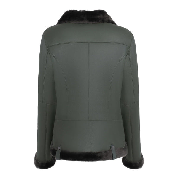 Close-up of Spanish Merino shearling lining and dark green leather texture