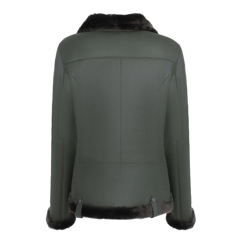 Close-up of Spanish Merino shearling lining and dark green leather texture