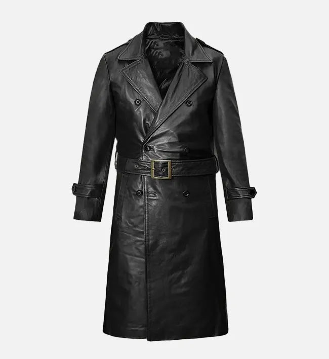 Men’s Black Leather Long Coat – Full-Length Classic Style
