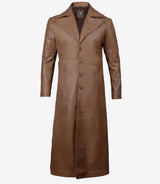 Men’s brown leather duster coat – front view