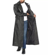 Men’s full-length black leather duster coat – front view