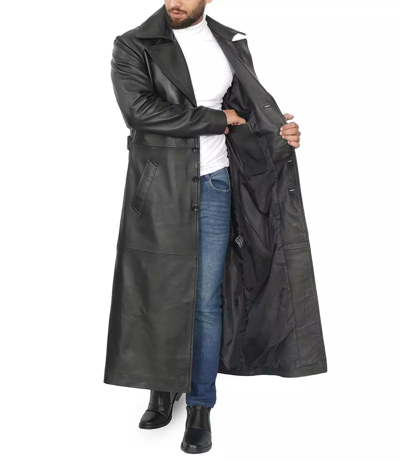 Men’s full-length black leather duster coat – front view