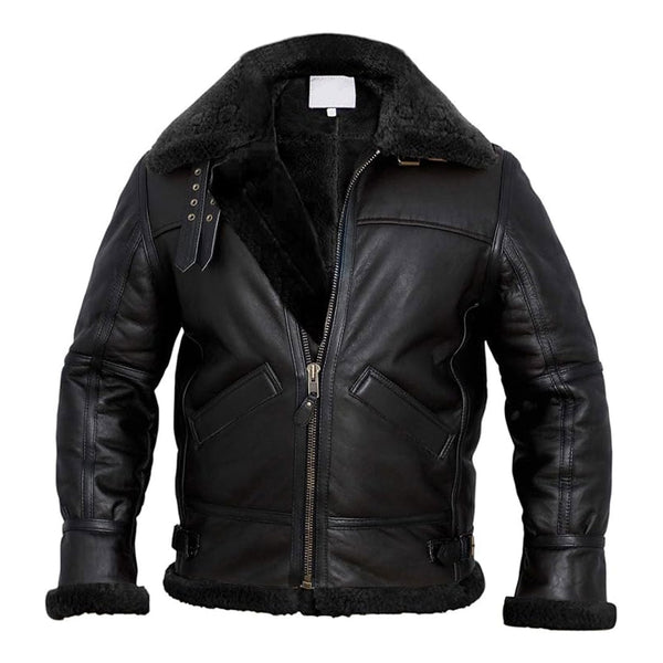 Men’s shearling leather jacket with adjustable collar – front view