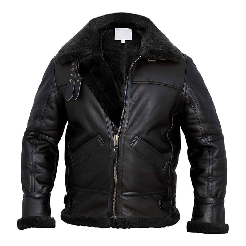 Men’s shearling leather jacket with adjustable collar – front view