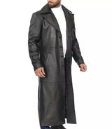 Side profile of men’s leather trench-style duster coat