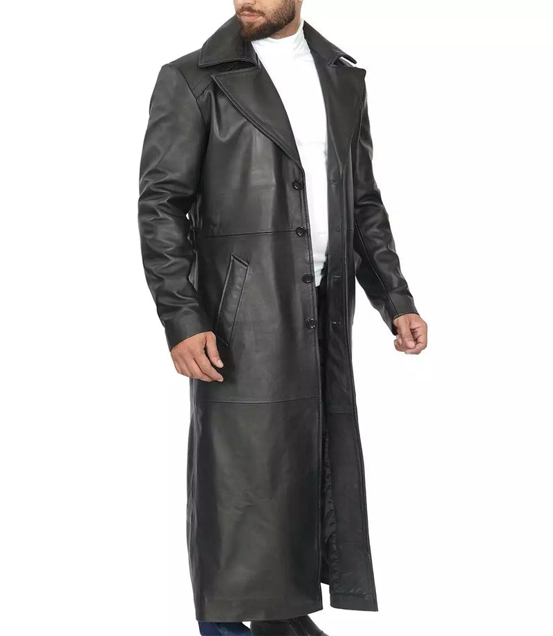 Side profile of men’s leather trench-style duster coat