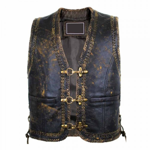 Vintage men’s leather vest – front view with braided detailing
