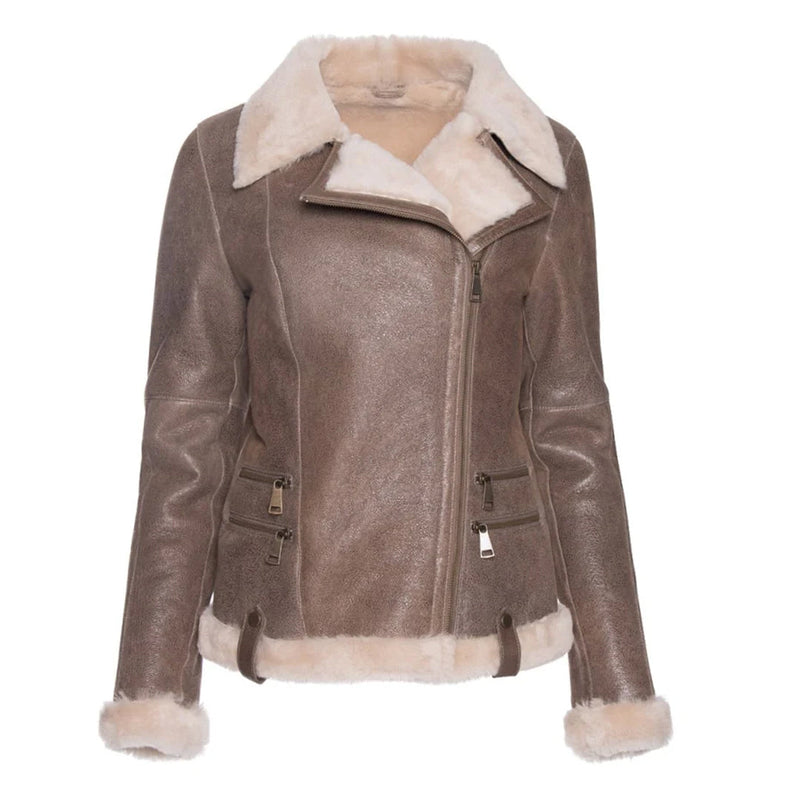 Women’s Spanish Merino brown shearling leather jacket – front view
